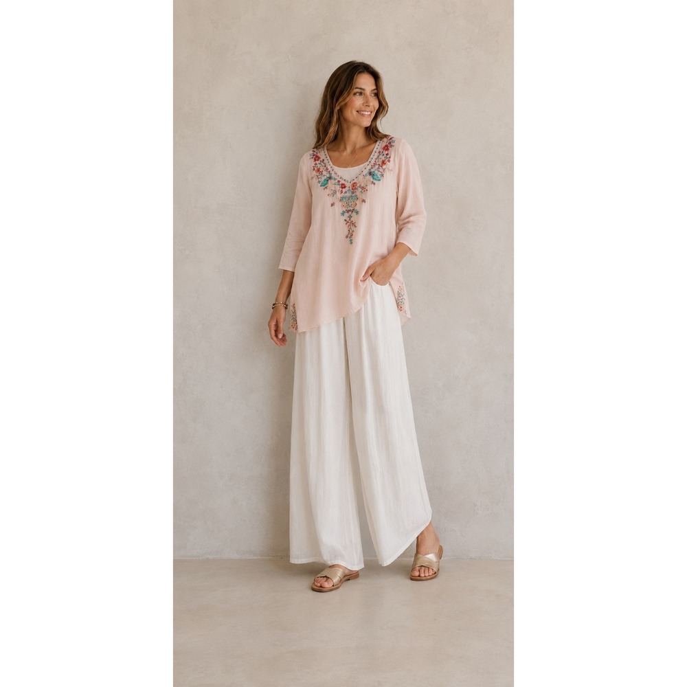 Johnny Was 2-Piece Cupra Embroidered Tunic & Cami Set Blush Pink Floral Size L